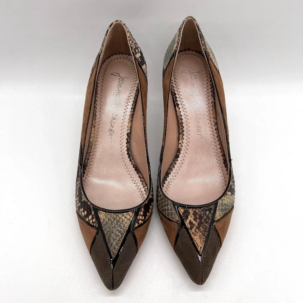 JEAN-MICHEL CAZABAT Pointy Toe Pumps 37 Brown Patchwork Snakeskin Suede Heel
